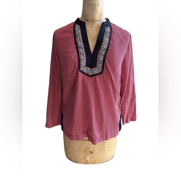 Talbots top/blouse red with and blue print with ribbon trim size small - Picture 1 of 7
